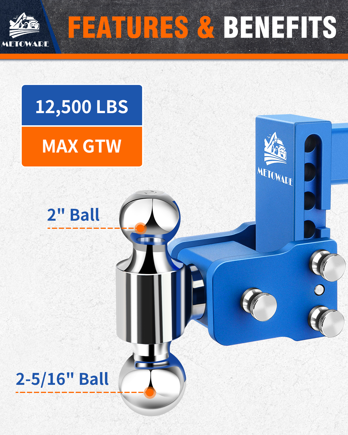 METOWARE 2" Adjustable Trailer Hitch Ball Mount, 4" Drop, 14K GTW, Blue - Image 2