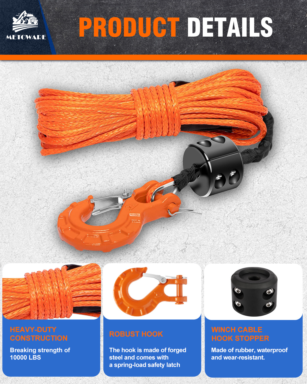 METOWARE Synthetic Winch Rope Kit 1/4" x 50ft 10000 LBS Break Strenght - Image 4