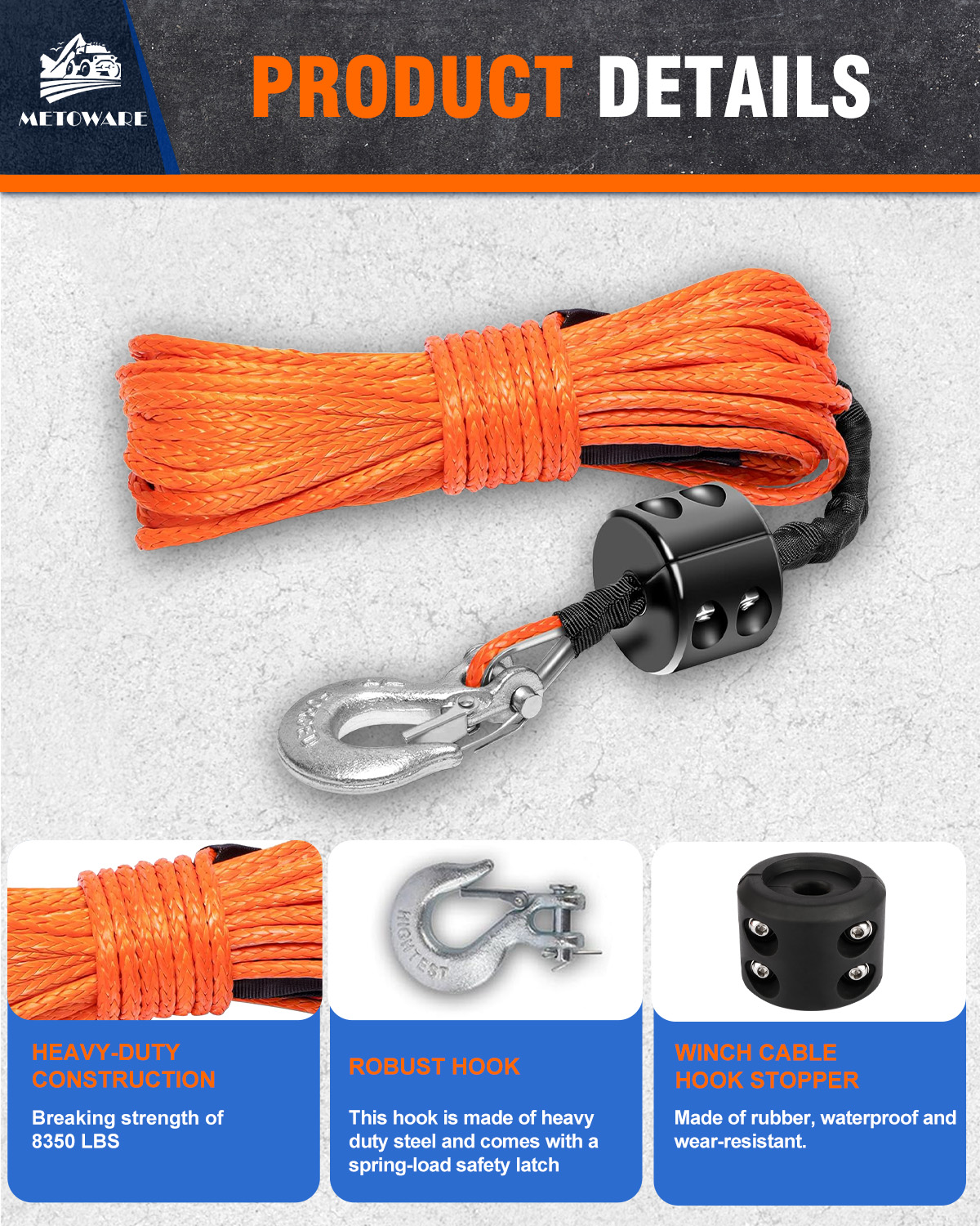METOWARE Synthetic Winch Rope Kit 3/16" x 50ft 10000 LBS Break Strenght - Image 4