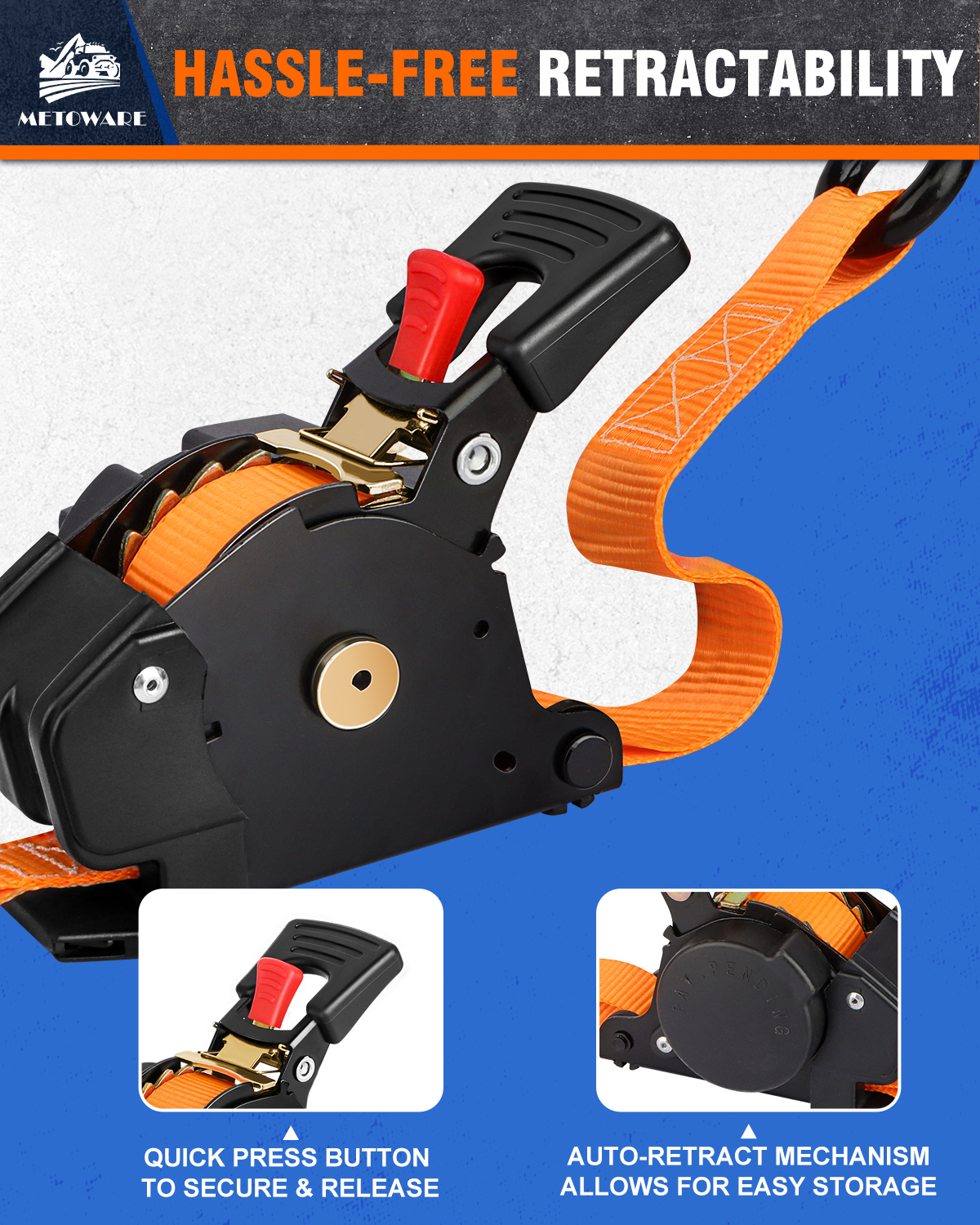 METOWARE Retractable Ratchet Straps (4-Pack) - 1 in x 10 Ft, Orange - Image 4