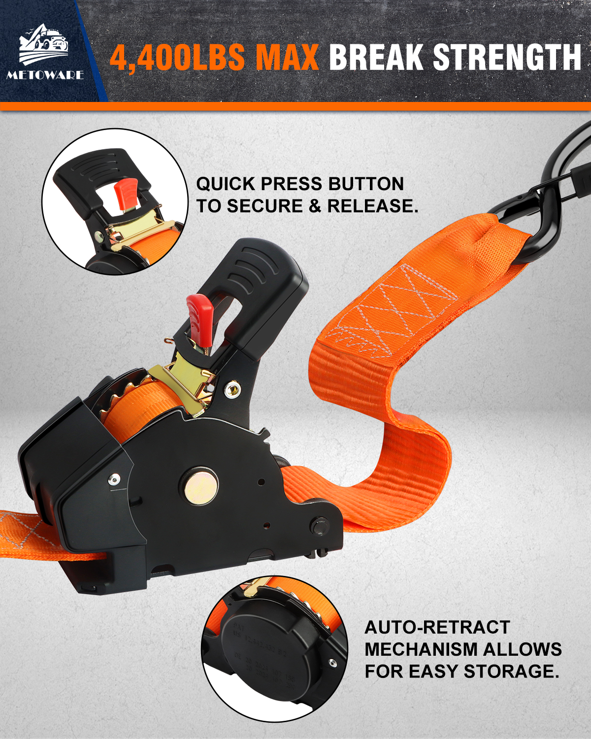 METOWARE Retractable Ratchet Straps (2-Pack) - 2 in x 10 Ft, Orange - Image 4