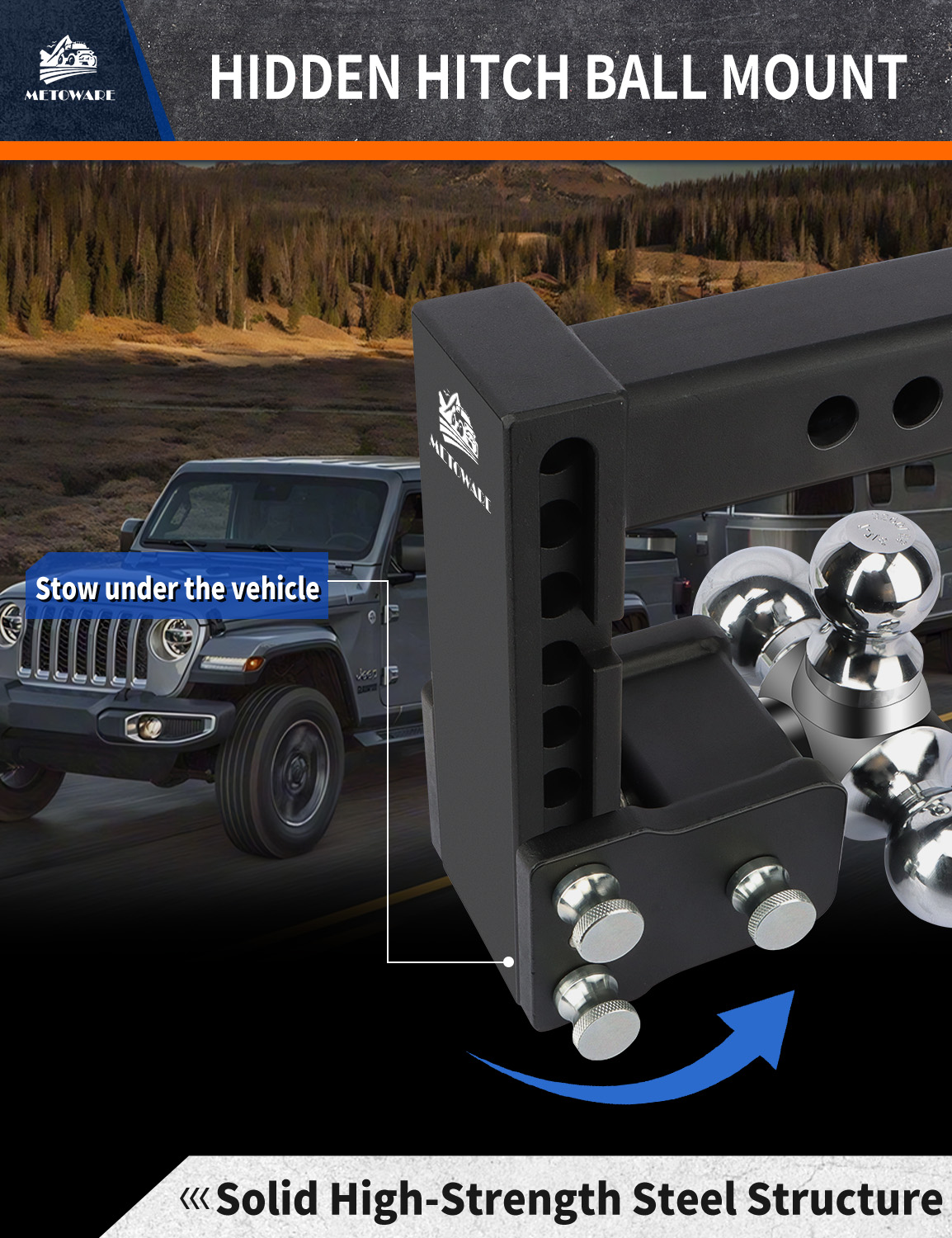 METOWARE 2.5" Adjustable Trailer Hitch Ball Mount, 6" Drop/Rise, 18K GTW - Image 4