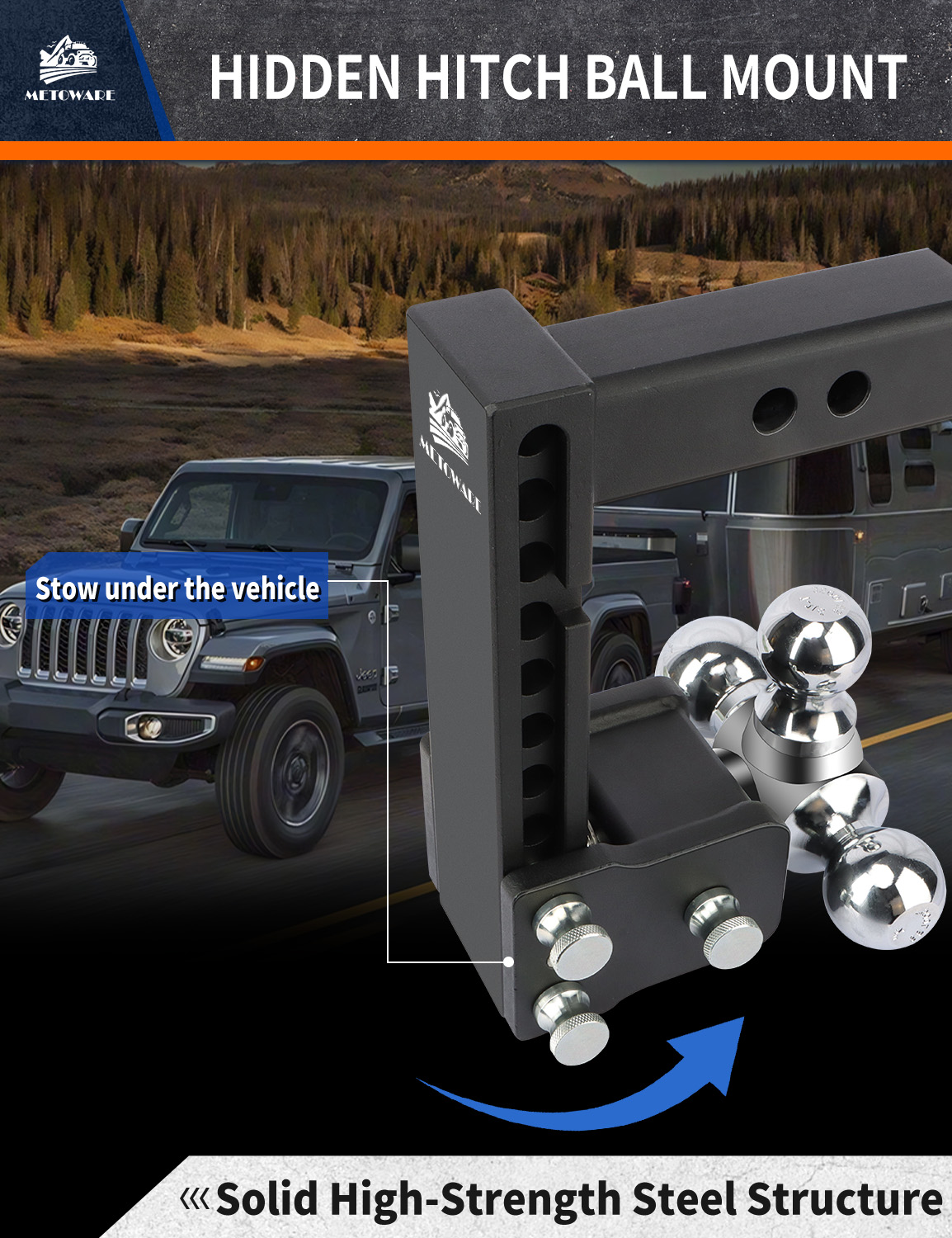 METOWARE 2.5" Adjustable Trailer Hitch Ball Mount, 8" Drop/Rise, 18K GTW - Image 4