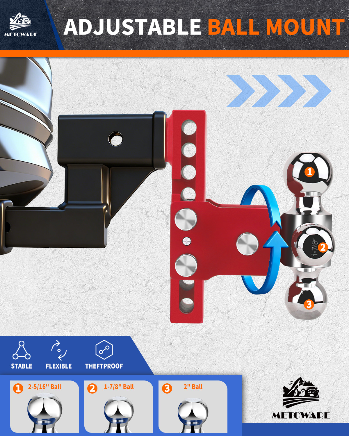 METOWARE 2.5" Adjustable Trailer Hitch Ball Mount, 6" Drop/Rise, 18K GTW Red - Image 4
