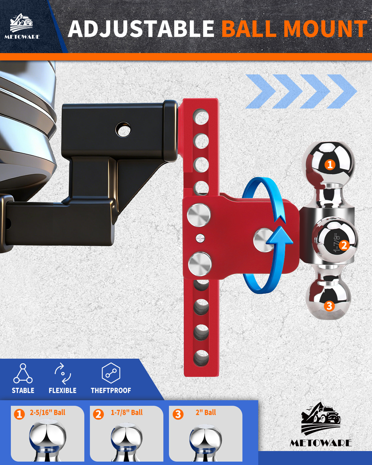 METOWARE 2.5" Adjustable Trailer Hitch Ball Mount, 8" Drop/Rise, 18K GTW Red - Image 4