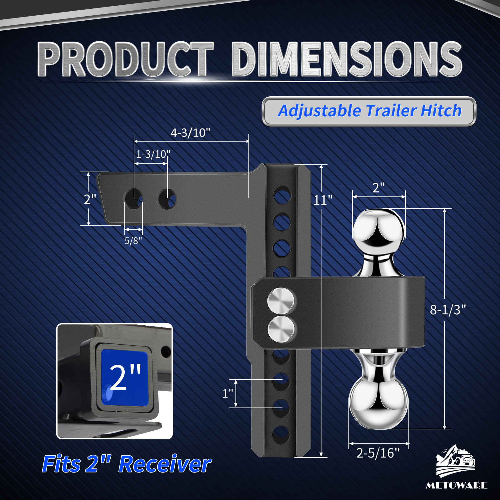 METOWARE Aluminum Adjustable Trailer Hitch Fits 2" Receiver, 8" Drop/Rise 14K GTW, Black - Image 4