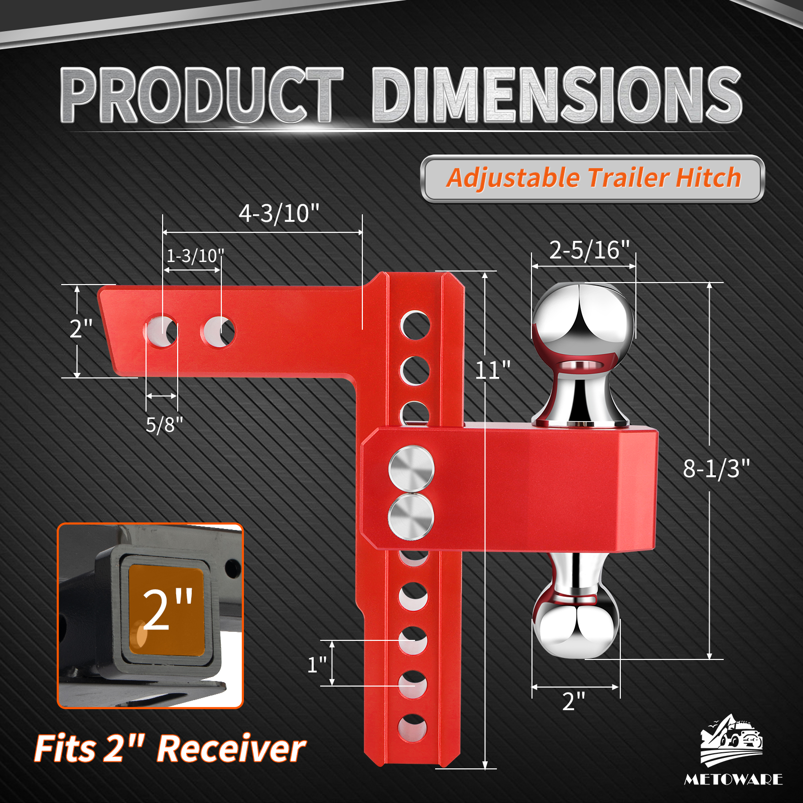 METOWARE Aluminum Adjustable Trailer Hitch Fits 2" Receiver, 8" Drop/Rise, 14K GTW, Red - Image 4