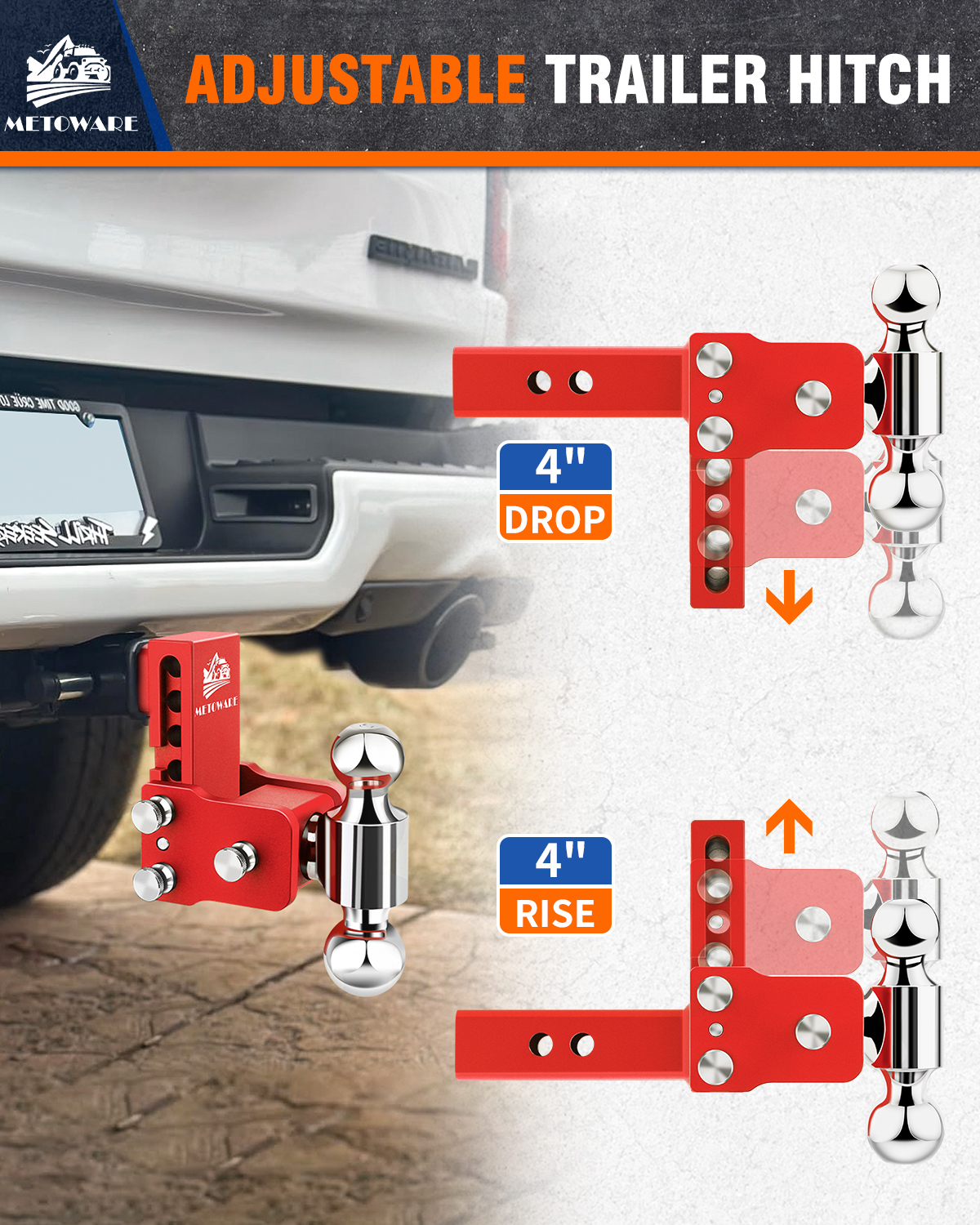METOWARE 2" Adjustable Trailer Hitch Ball Mount, 4" Drop/Rise, 14K GTW, Red - Image 4