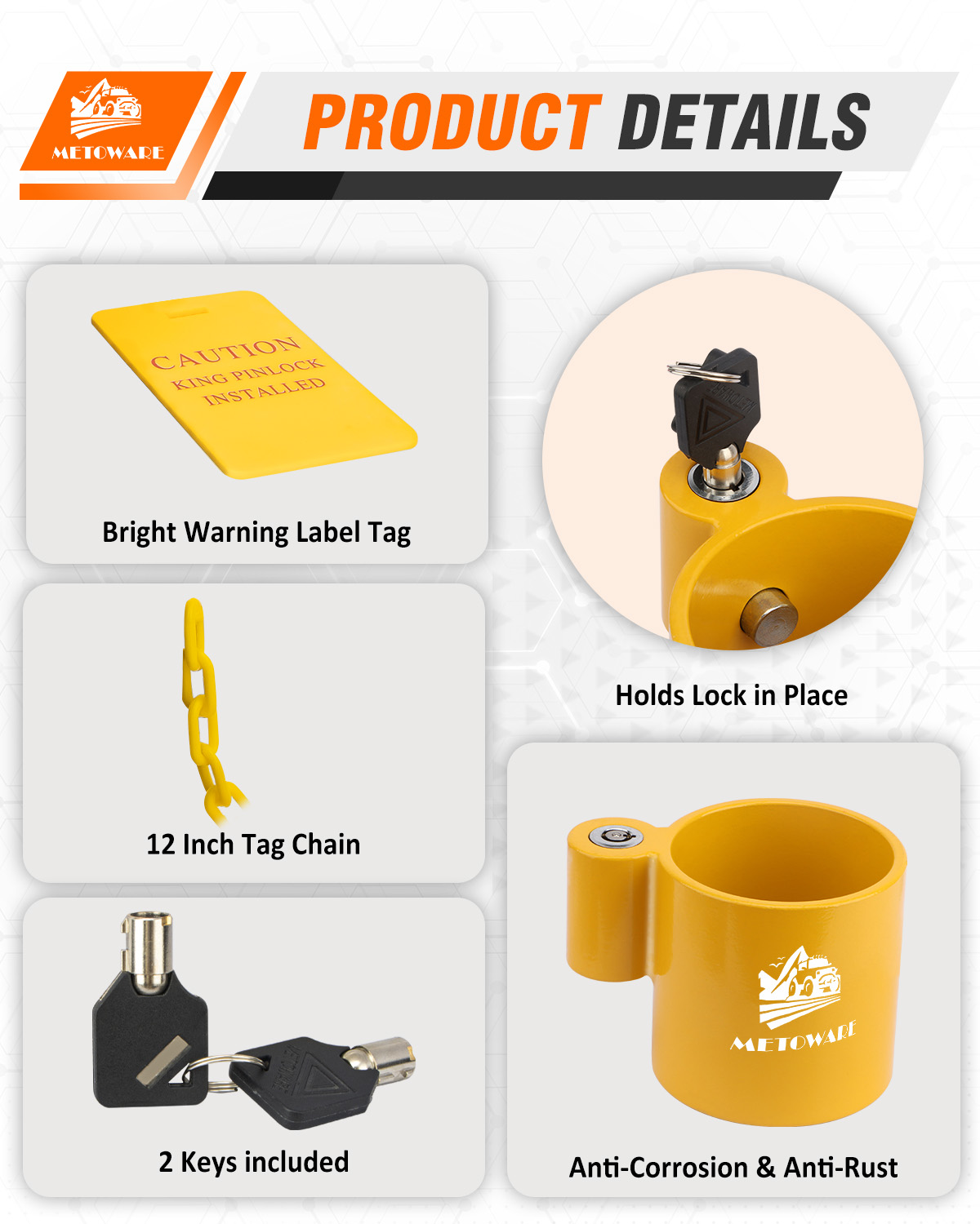 METOWARE 5th Wheel King Pin Lock for RVs & Semi Trailers, Yellow - Image 5
