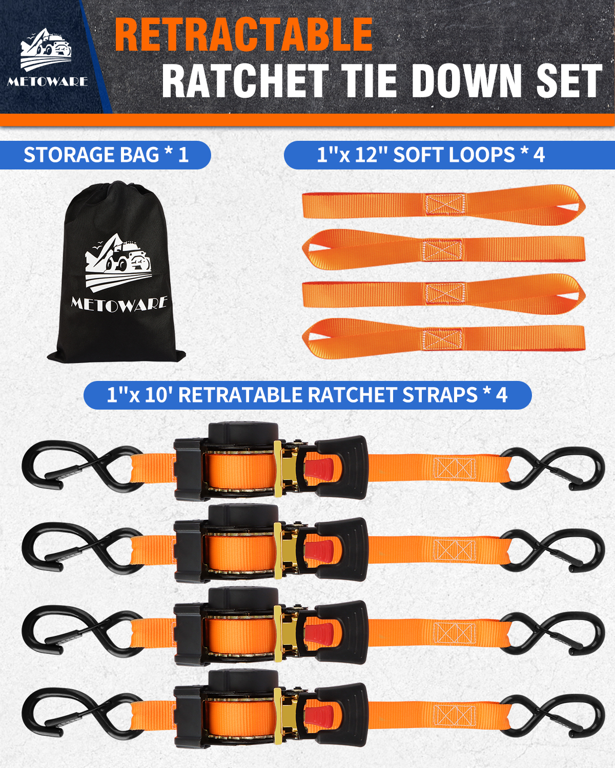 METOWARE Retractable Ratchet Straps (4-Pack) - 1 in x 10 Ft, Orange - Image 5
