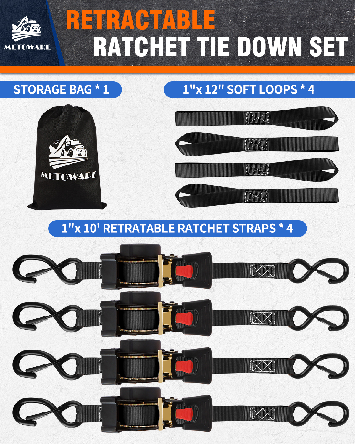 METOWARE Retractable Ratchet Straps (4-Pack) - 1 in x 10 Ft, Black - Image 5