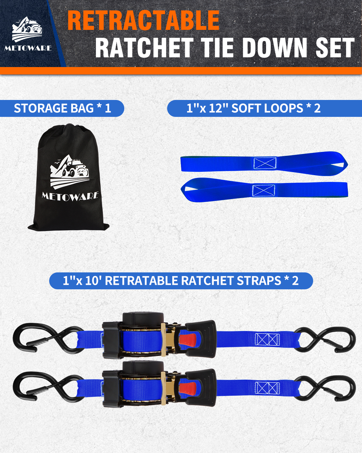 METOWARE Retractable Ratchet Straps (4-Pack) - 1 in x 10 Ft, Blue - Image 5