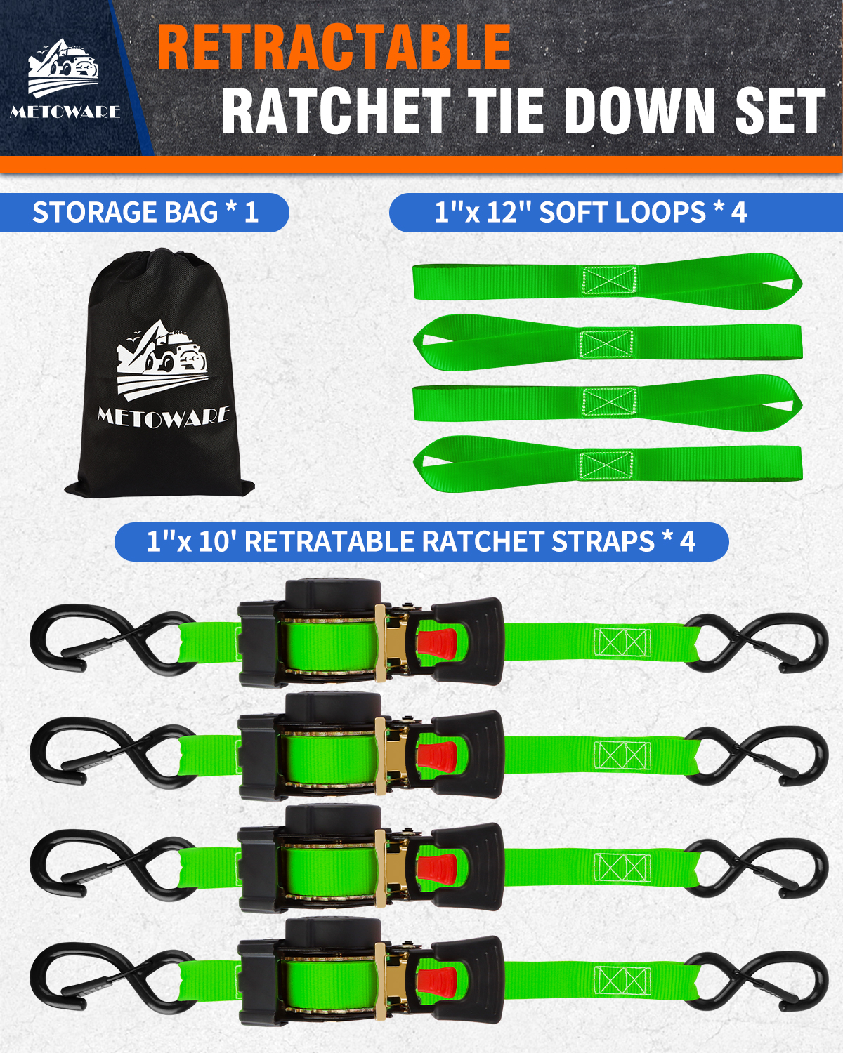 METOWARE Retractable Ratchet Straps (4-Pack) - 1 in x 10 Ft, Green - Image 5