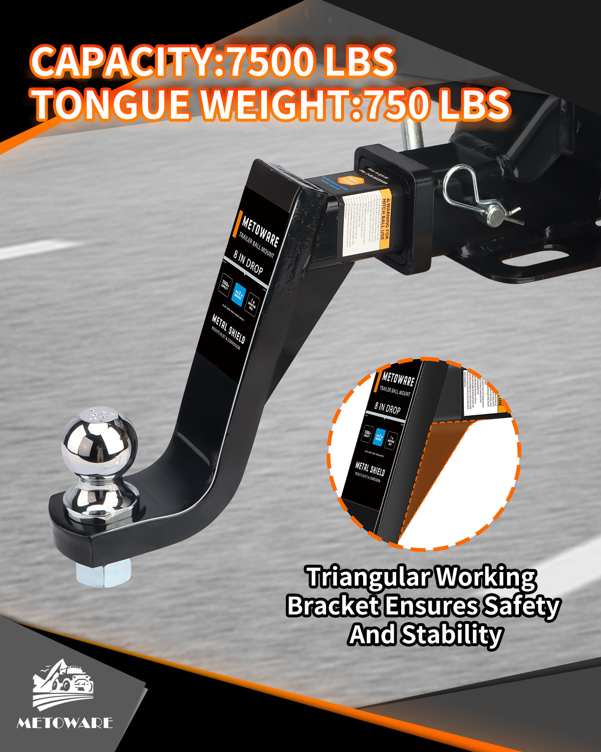 METOWARE Trailer Hitch Ball Mount, 8" Drop/Rise Fits 2" Receiver, 7500 lbs - Image 6