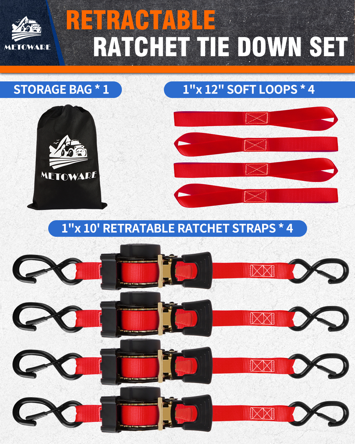 METOWARE Retractable Ratchet Straps (4-Pack) - 1 in x 10 Ft, Red - Image 5