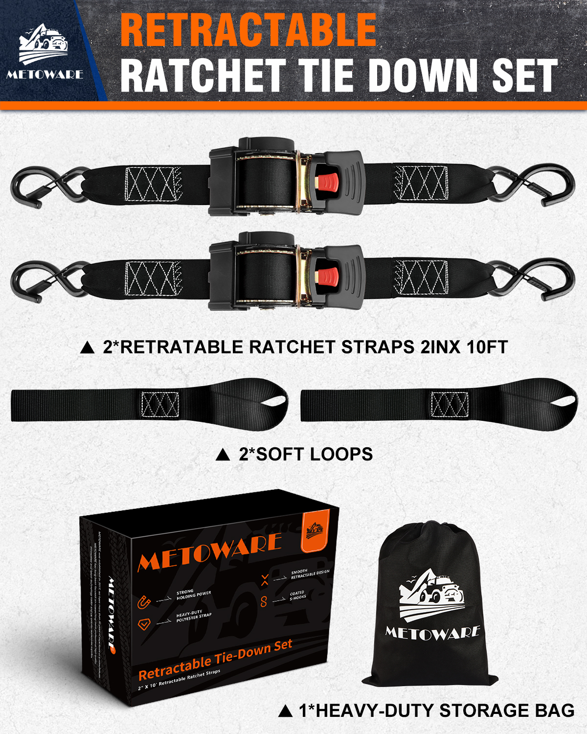 METOWARE Retractable Ratchet Straps (2-Pack) - 2 in x 10 Ft, Black - Image 5