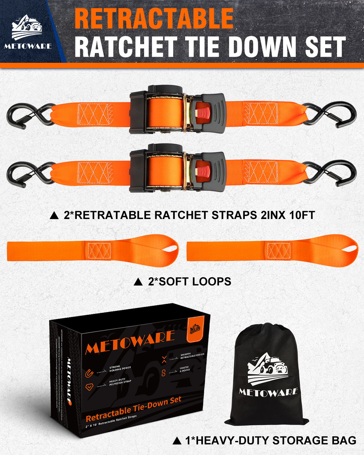 METOWARE Retractable Ratchet Straps (2-Pack) - 2 in x 10 Ft, Orange - Image 5