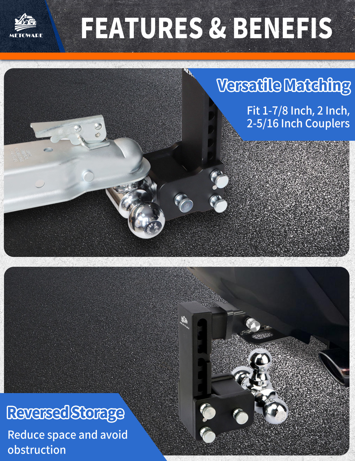 METOWARE 2.5" Adjustable Trailer Hitch Ball Mount, 6" Drop/Rise, 18K GTW - Image 5