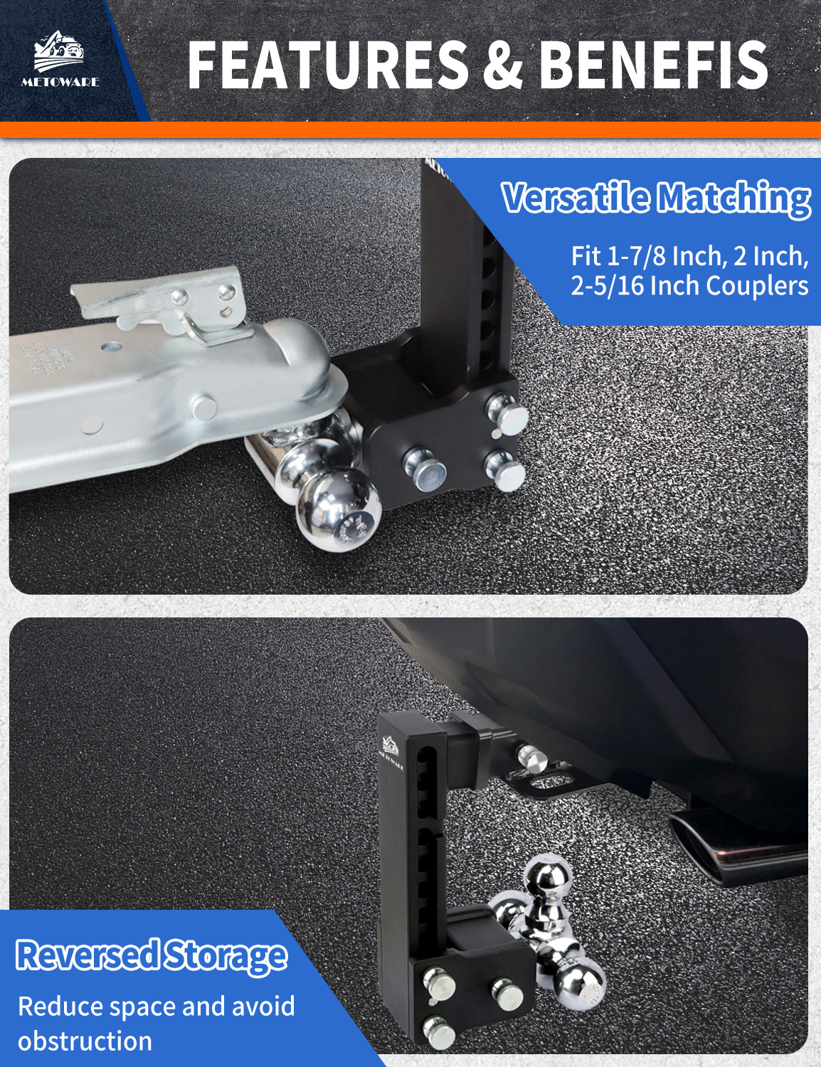 METOWARE 2.5" Adjustable Trailer Hitch Ball Mount, 8" Drop/Rise, 18K GTW - Image 5