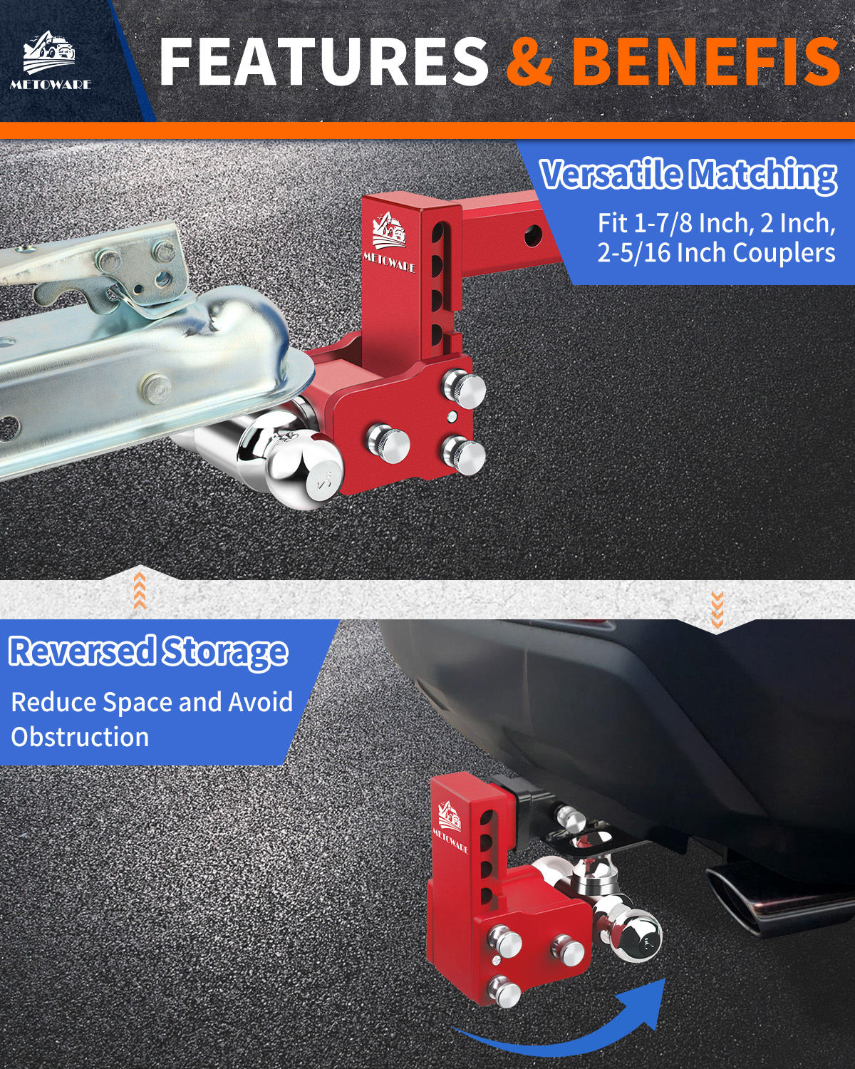 METOWARE 2.5" Adjustable Trailer Hitch Ball Mount, 4" Drop/Rise, 18K GTW Red - Image 5