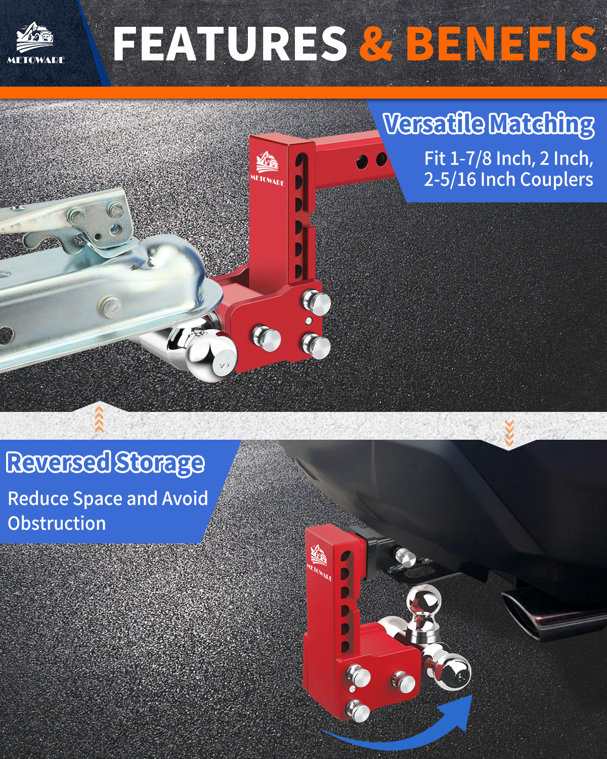 METOWARE 2.5" Adjustable Trailer Hitch Ball Mount, 6" Drop/Rise, 18K GTW Red - Image 5