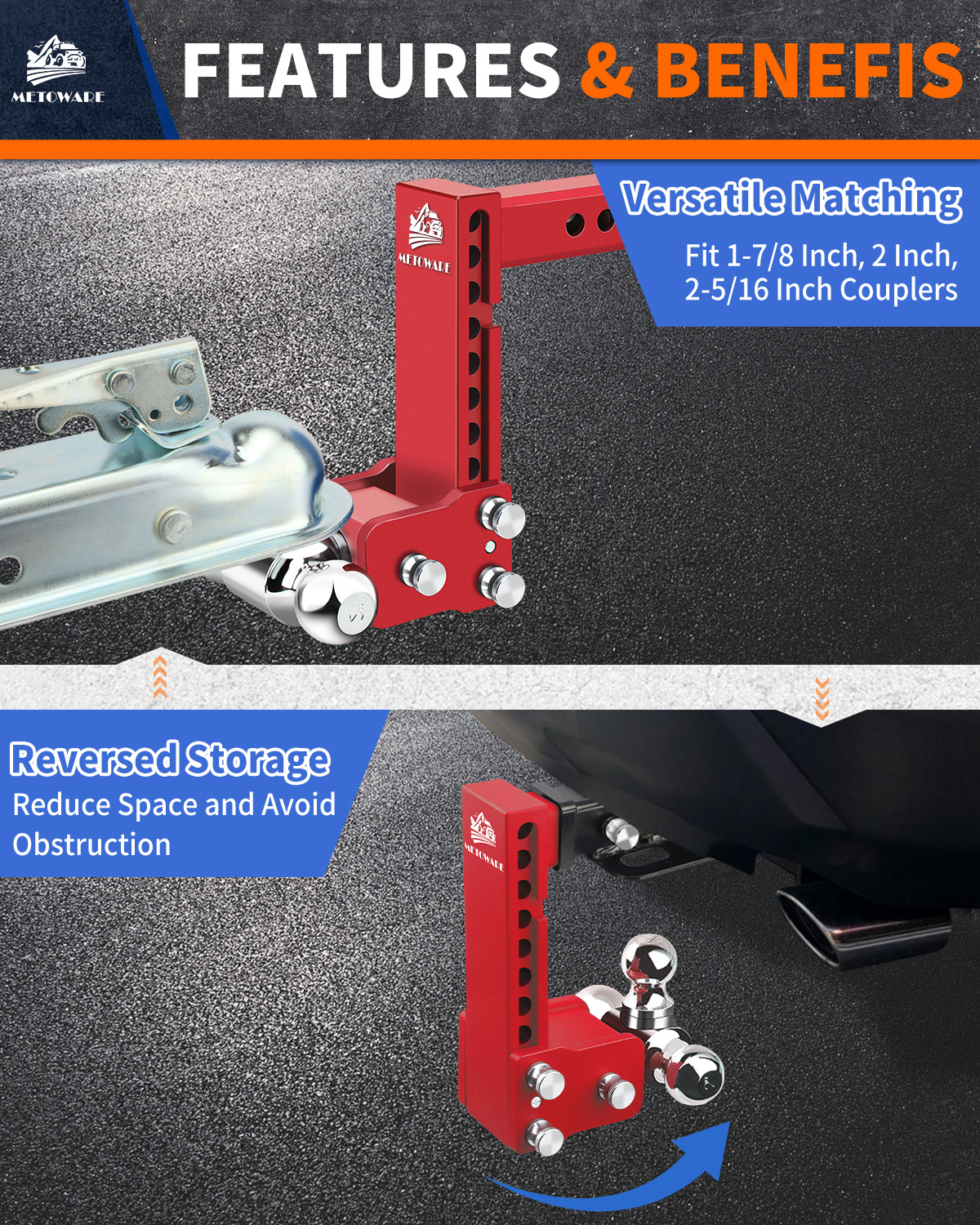 METOWARE 2.5" Adjustable Trailer Hitch Ball Mount, 8" Drop/Rise, 18K GTW Red - Image 5