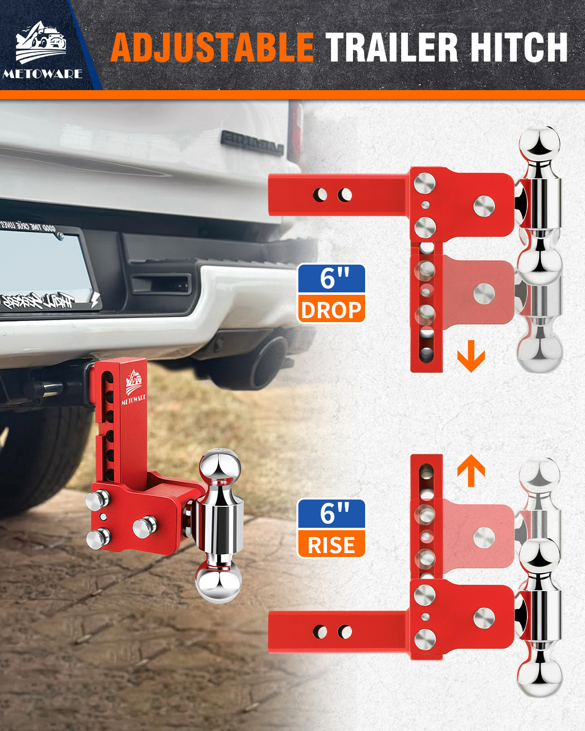 METOWARE 2" Adjustable Trailer Hitch Ball Mount, 6" Drop/Rise, 14K GTW, Red - Image 4