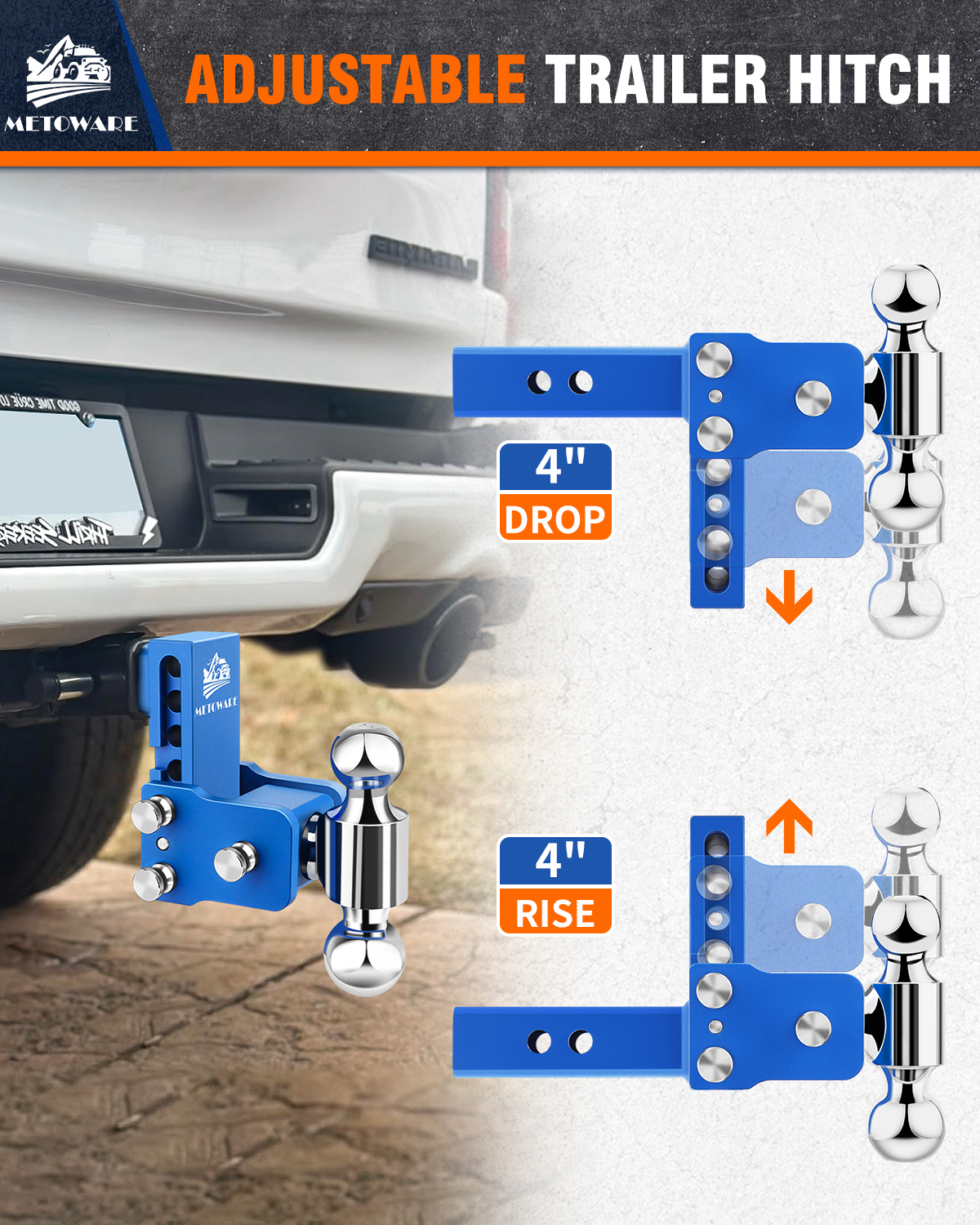 METOWARE 2" Adjustable Trailer Hitch Ball Mount, 4" Drop, 14K GTW, Blue - Image 4