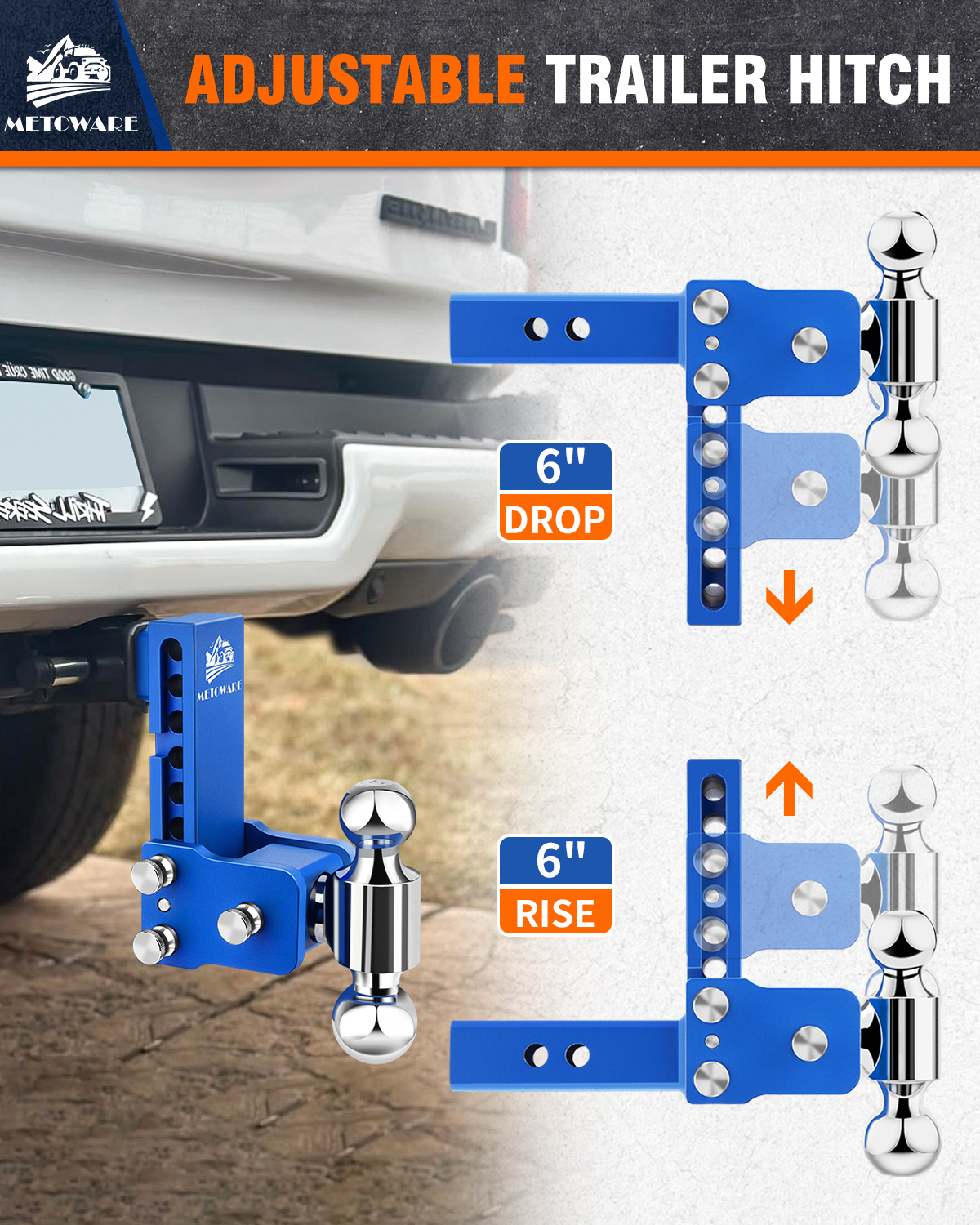 METOWARE 2" Adjustable Trailer Hitch Ball Mount, 6" Drop, 14K GTW, Blue - Image 4