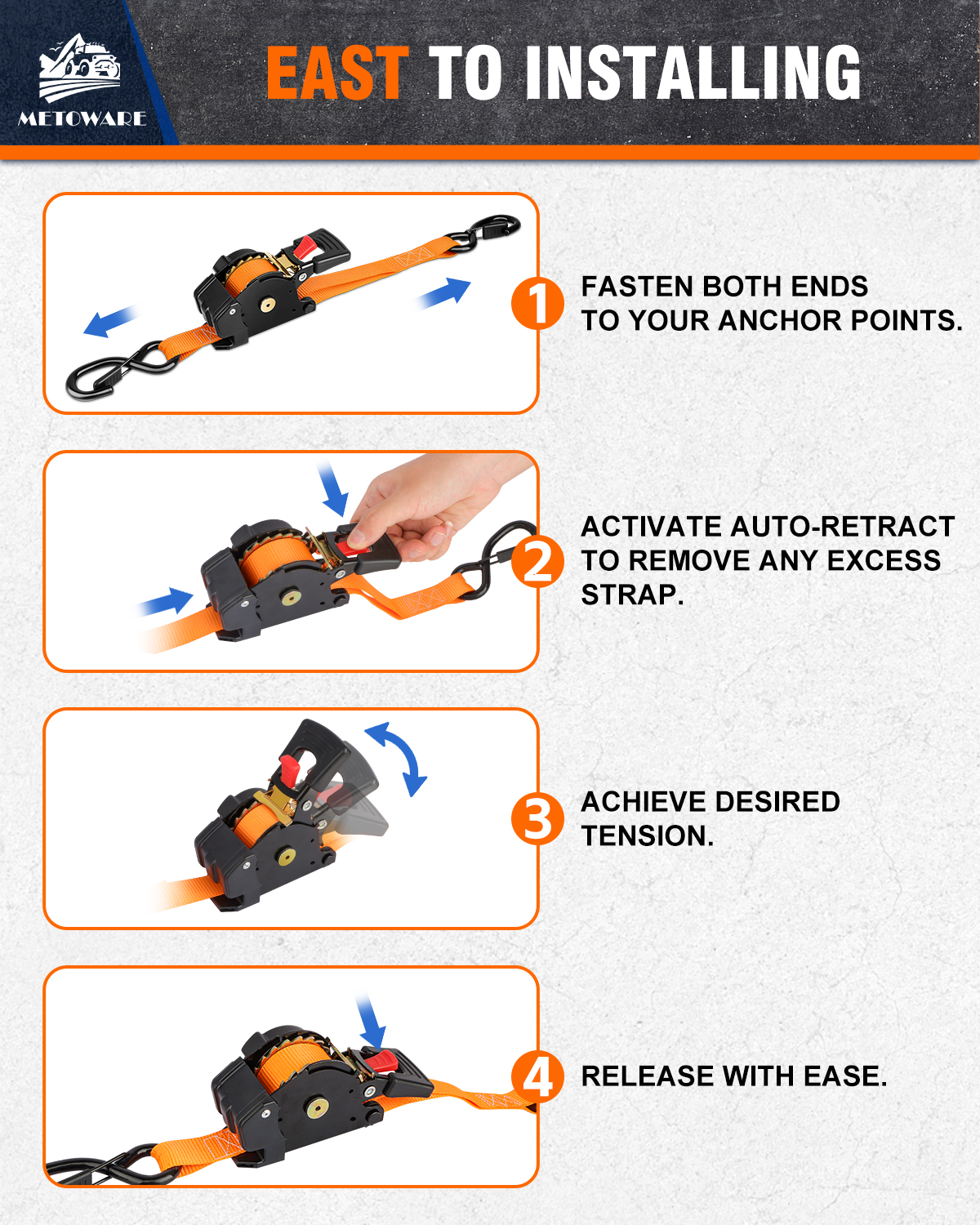METOWARE Retractable Ratchet Straps (4-Pack) - 1 in x 10 Ft, Orange - Image 6