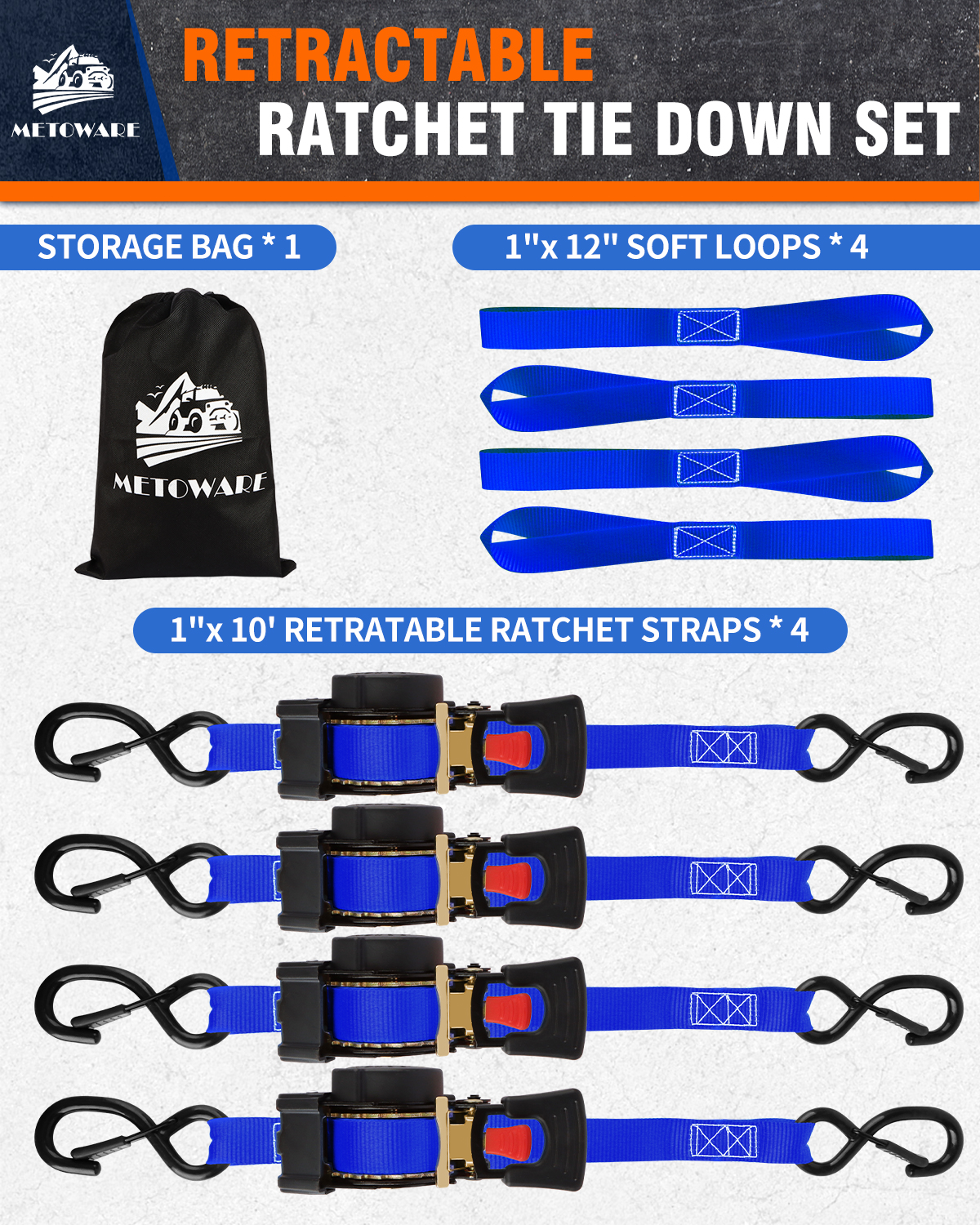 METOWARE Retractable Ratchet Straps (4-Pack) - 1 in x 10 Ft, Blue - Image 6