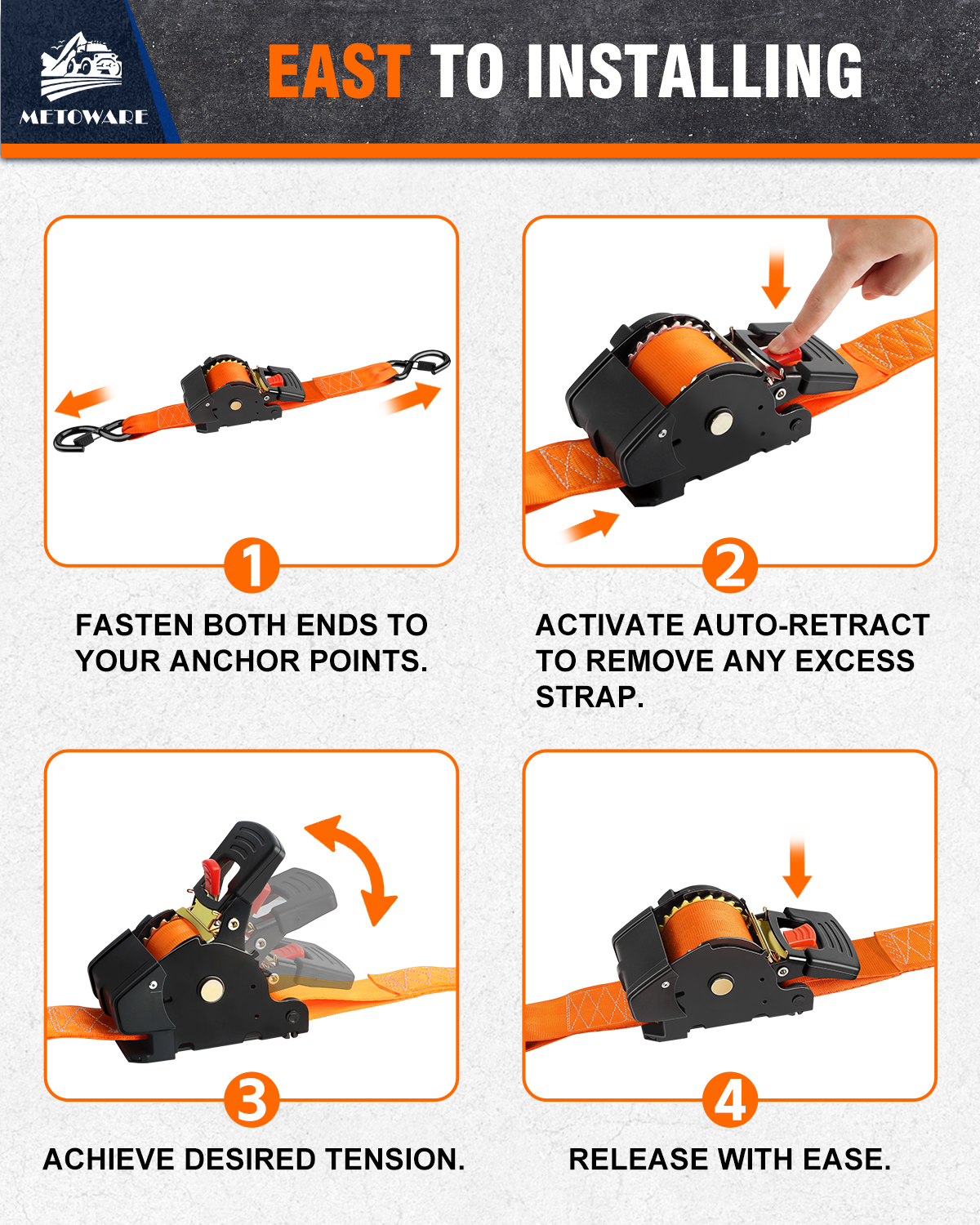 METOWARE Retractable Ratchet Straps (2-Pack) - 2 in x 10 Ft, Orange - Image 6