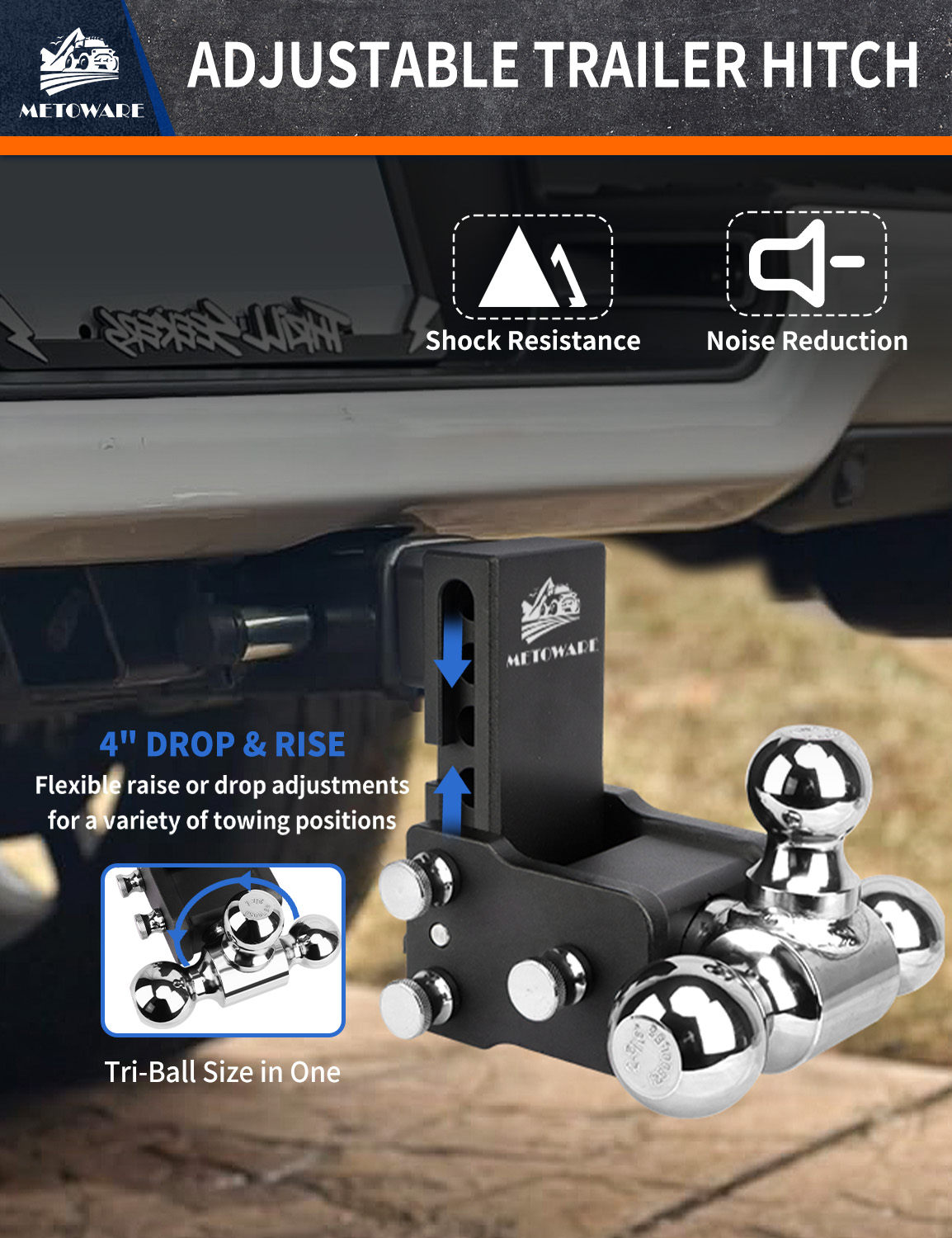METOWARE 2.5" Adjustable Trailer Hitch Ball Mount, 4" Drop/Rise, 18K GTW - Image 6