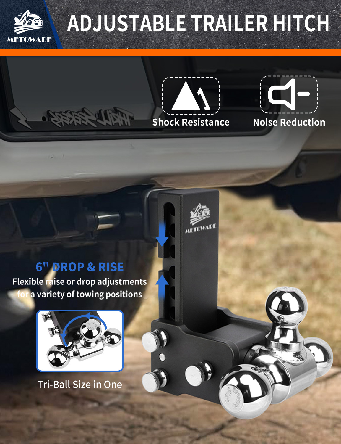METOWARE 2.5" Adjustable Trailer Hitch Ball Mount, 6" Drop/Rise, 18K GTW - Image 6
