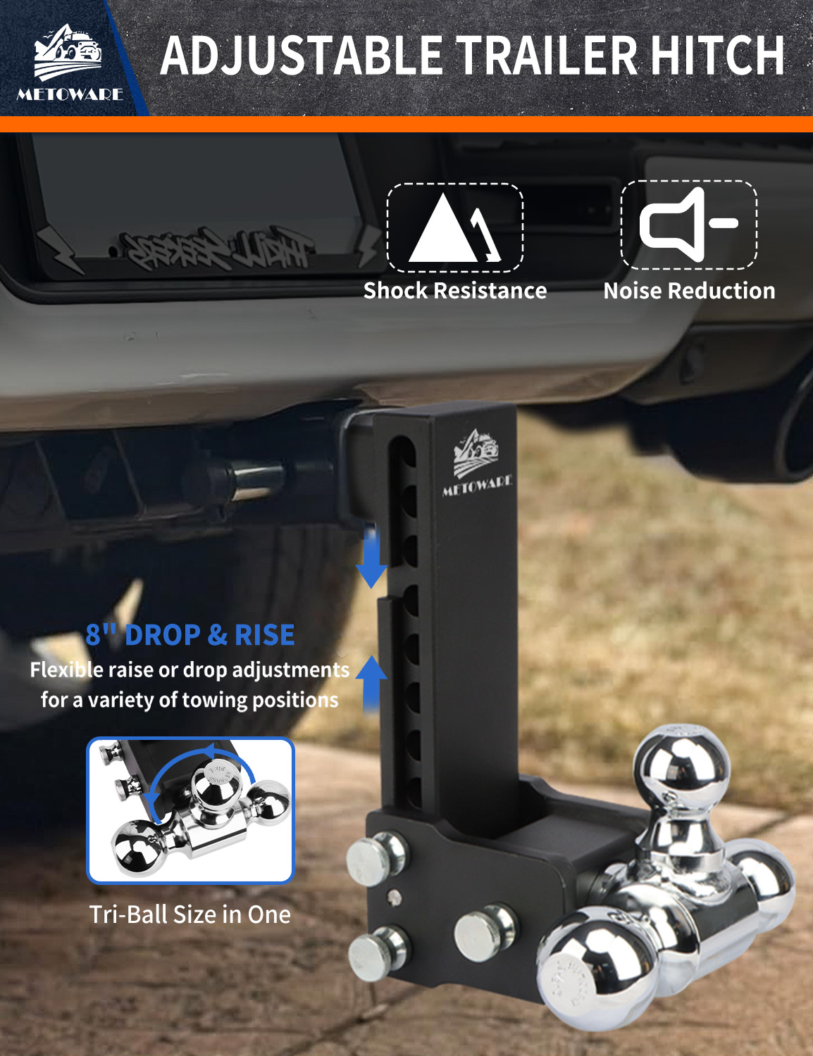 METOWARE 2.5" Adjustable Trailer Hitch Ball Mount, 8" Drop/Rise, 18K GTW - Image 6