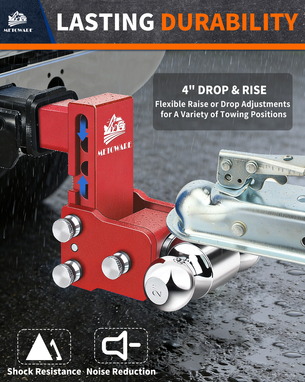 METOWARE 2.5" Adjustable Trailer Hitch Ball Mount, 4" Drop/Rise, 18K GTW Red - Image 6