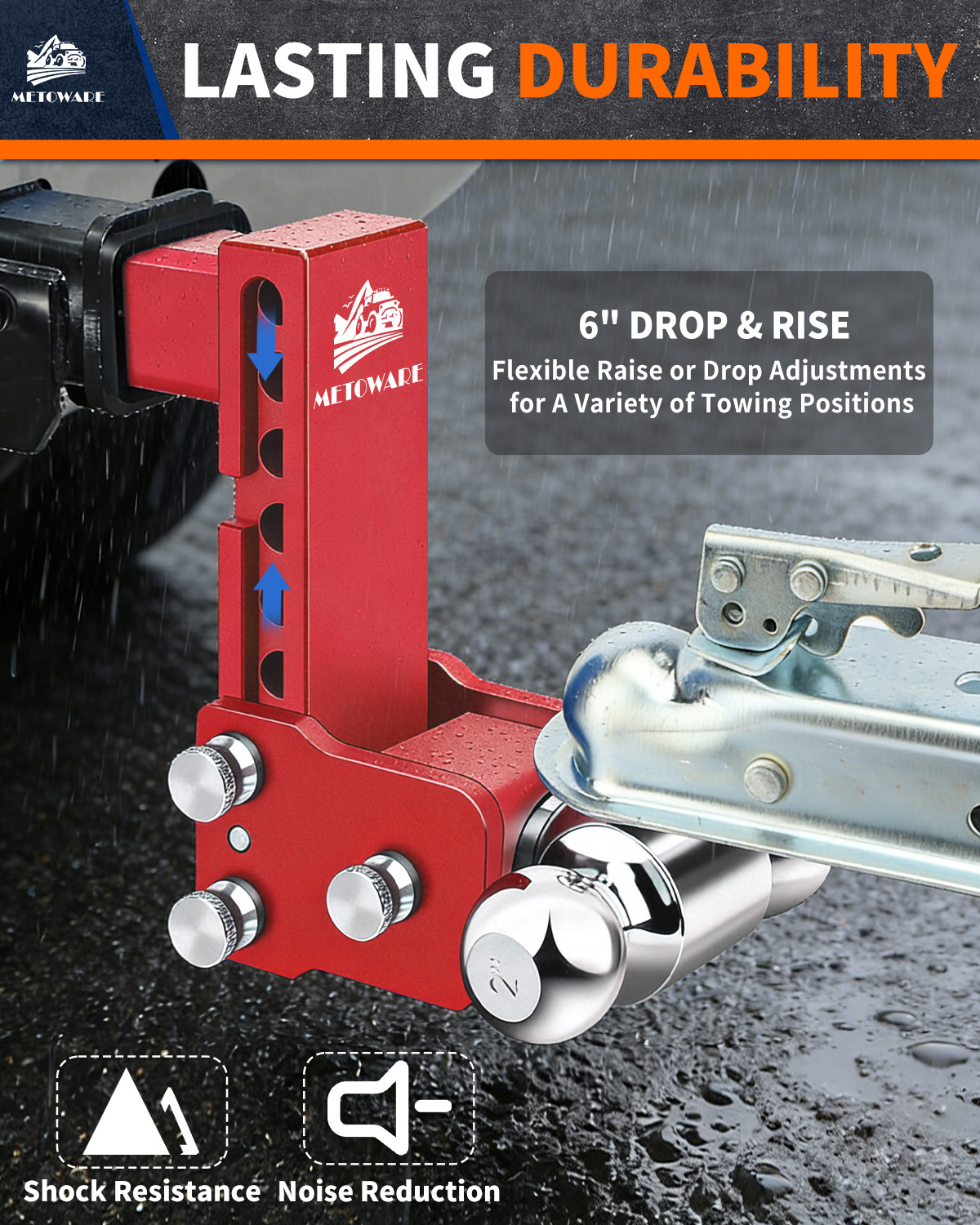 METOWARE 2.5" Adjustable Trailer Hitch Ball Mount, 6" Drop/Rise, 18K GTW Red - Image 6