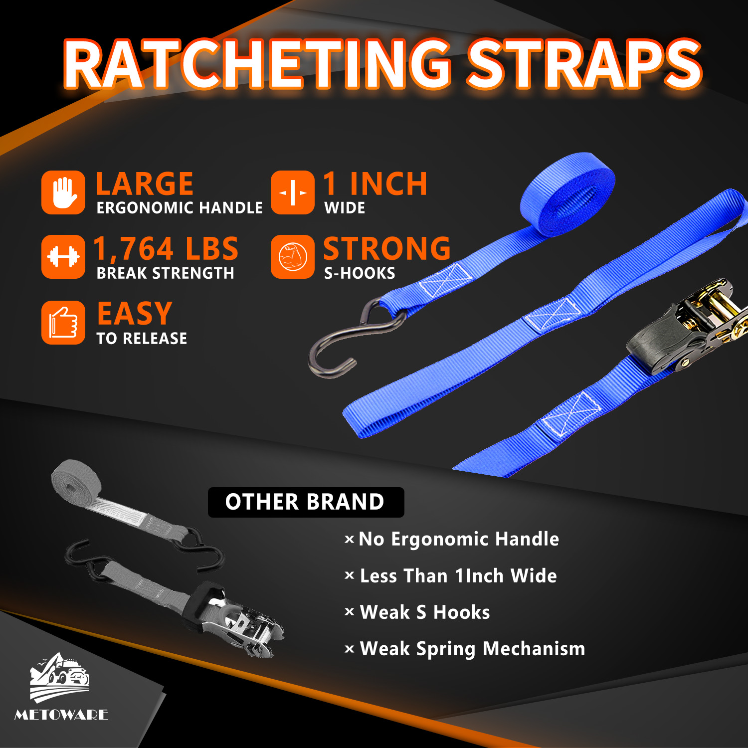 METOWARE Heavy Duty Ratchet Tie Down Straps (4-Pack) - 1 in x 15 Ft, Blue - Image 5