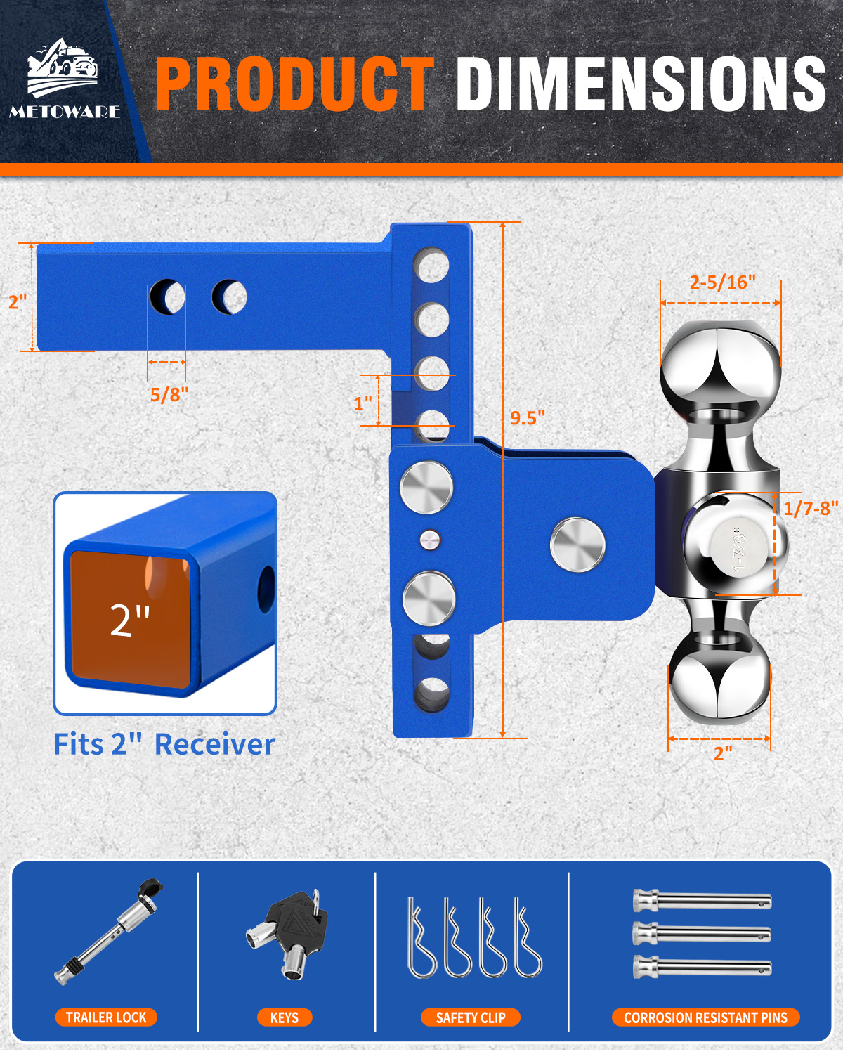 METOWARE Adjustable Trailer Hitch Fits 2" Receiver Tri-Ball, 6" Drop, 14K GTW, Blue - Image 5