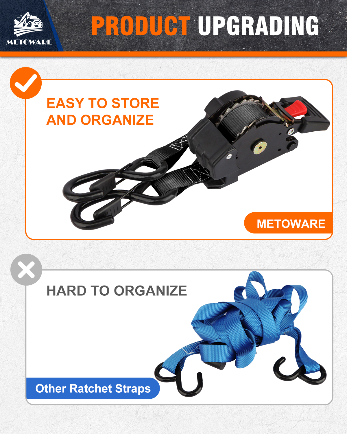 METOWARE Retractable Ratchet Straps (4-Pack) - 1 in x 10 Ft, Black - Image 7