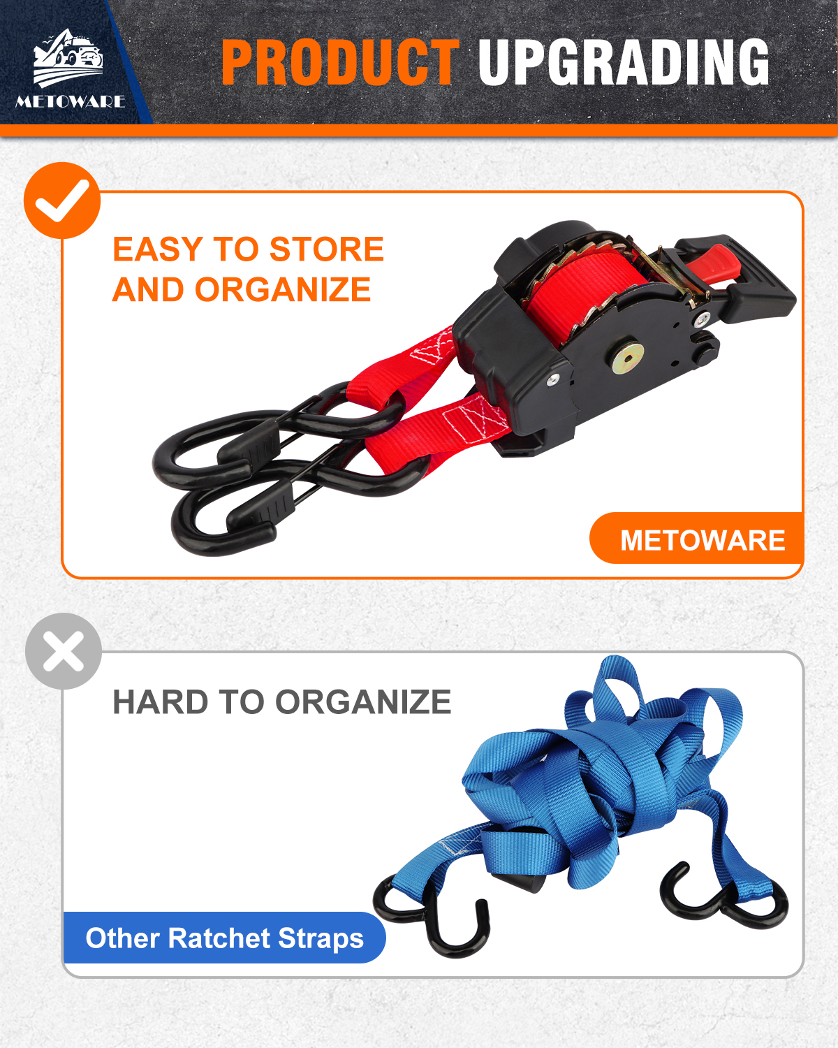 METOWARE Retractable Ratchet Straps (4-Pack) - 1 in x 10 Ft, Red - Image 7