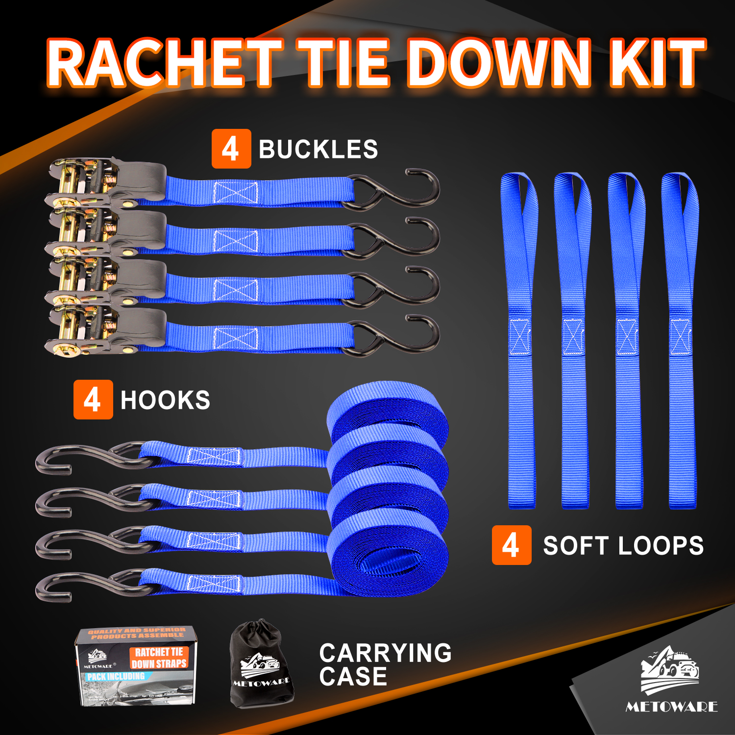 METOWARE Heavy Duty Ratchet Tie Down Straps (4-Pack) - 1 in x 15 Ft, Blue - Image 7