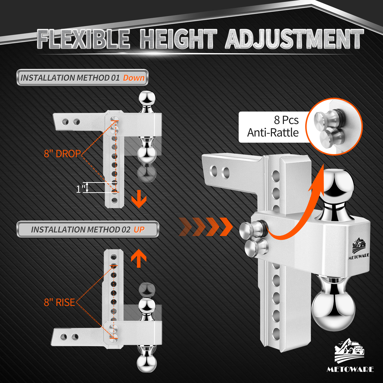 METOWARE Aluminum Adjustable Trailer Hitch Fits 2" Receiver, 8" Drop/Rise, 14K GTW, Silver - Image 2