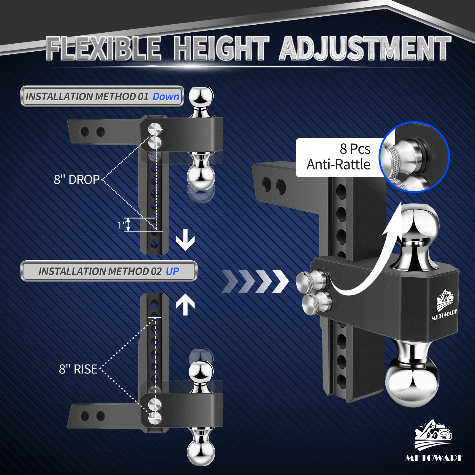 METOWARE Aluminum Adjustable Trailer Hitch Fits 2" Receiver, 8" Drop/Rise 14K GTW, Black - Image 3