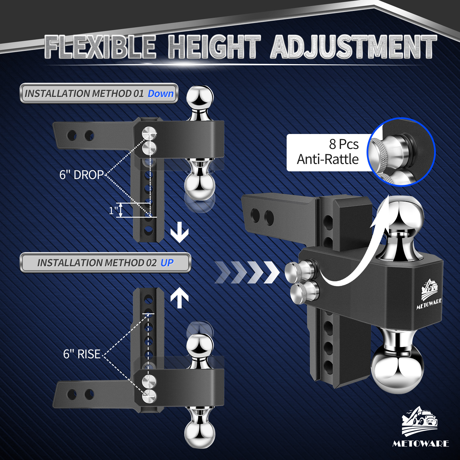 METOWARE Aluminum Adjustable Trailer Hitch Fits 2" Receiver, 6" Drop/Rise, 14K GTW, Black - Image 3
