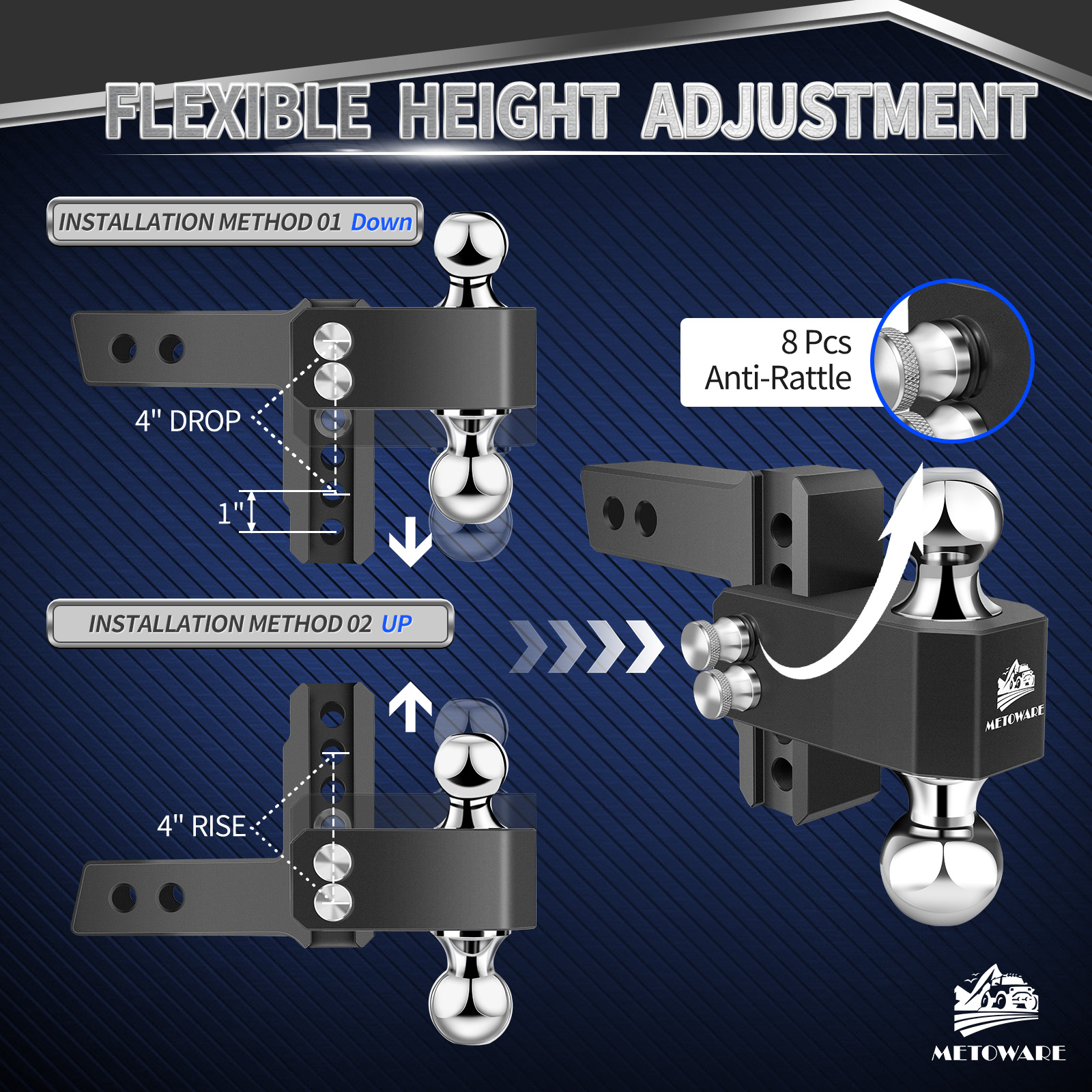 METOWARE Aluminum Adjustable Trailer Hitch Fits 2" Receiver, 4" Drop/Rise, 14K GTW, Black - Image 4