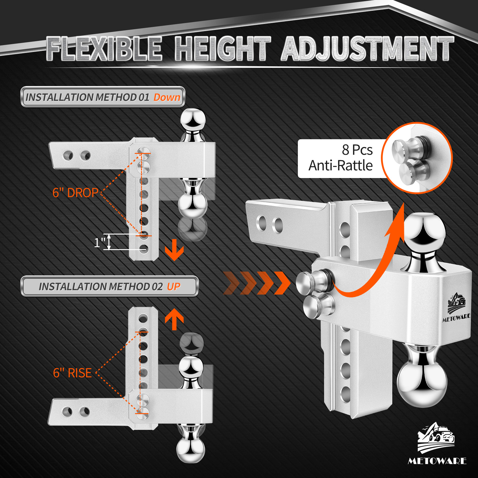 METOWARE Aluminum Adjustable Trailer Hitch Fits 2" Receiver, 6" Drop/Rise, 14K GTW, Silver - Image 3