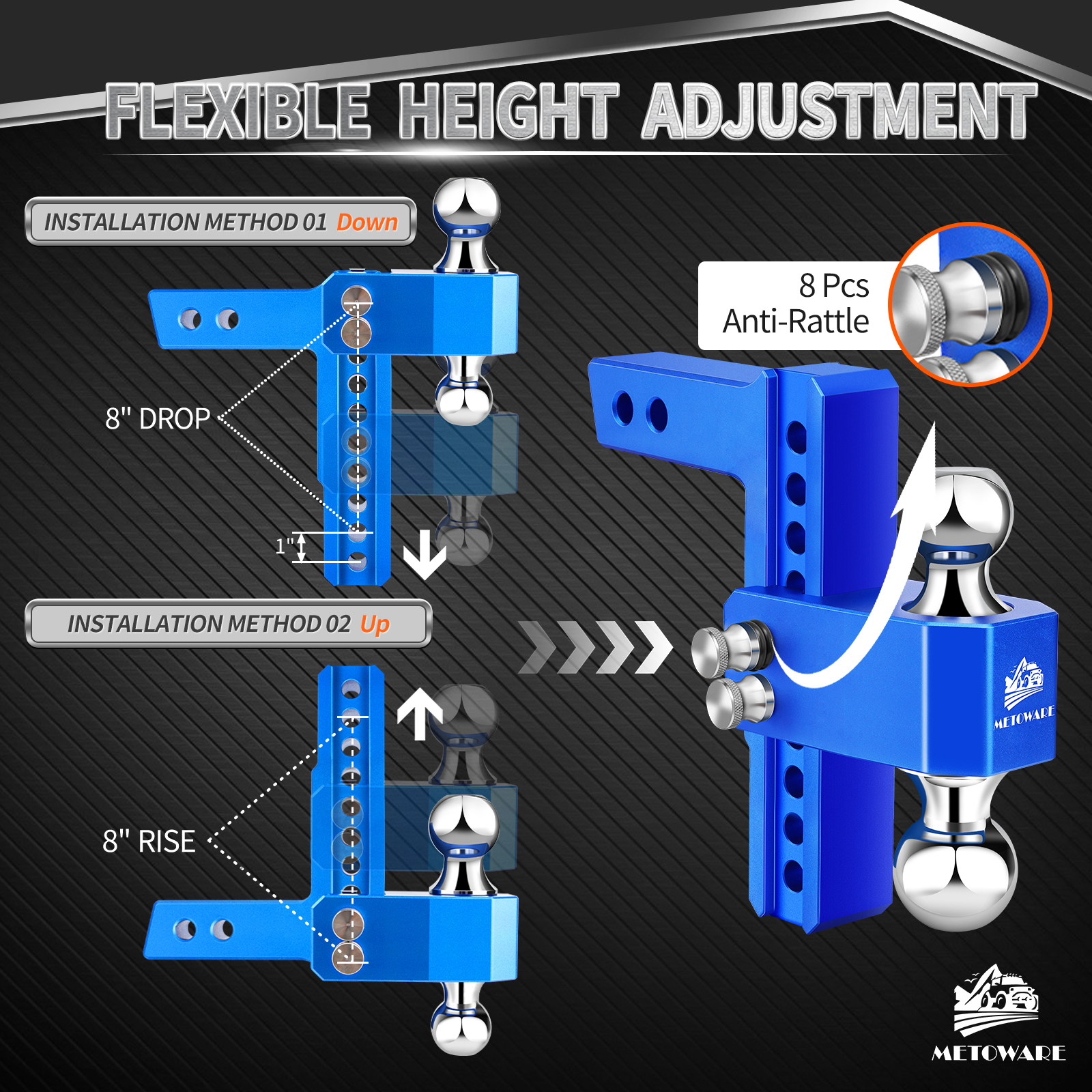 METOWARE Aluminum Adjustable Trailer Hitch Fits 2" Receiver, 8" Drop/Rise, 14K GTW, Blue - Image 5