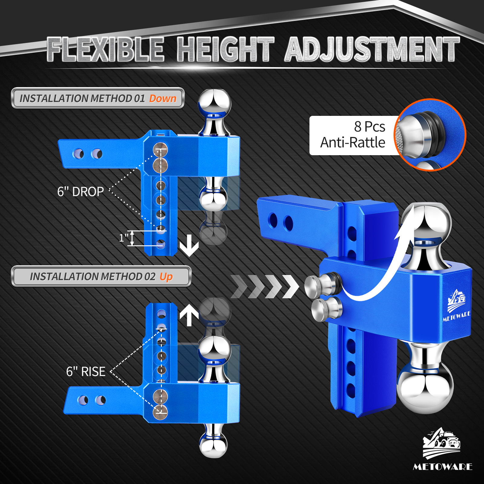 METOWARE Aluminum Adjustable Trailer Hitch Fits 2" Receiver, 6" Drop/Rise, 14K GTW, Blue - Image 3