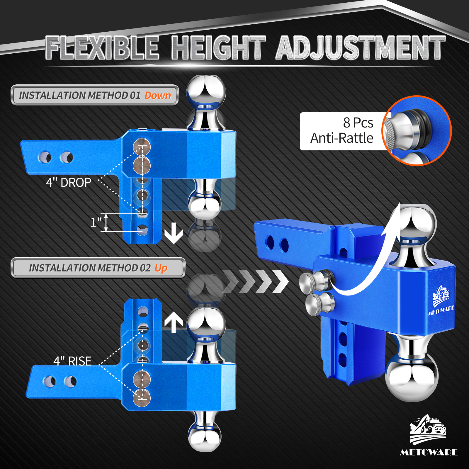 METOWARE Aluminum Adjustable Trailer Hitch Fits 2" Receiver, 4" Drop/Rise, 14K GTW, Blue - Image 5
